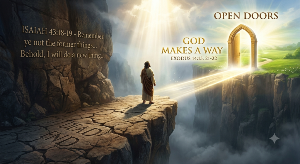 An inspirational biblical illustration showing a figure in a robe standing on a cracked, stone cliff at a dead end that overlooks a deep canyon wrapped in shadow. On the left cliff wall, the text reads "ISAIAH 43:18-19 - Remember ye not the former things... Behold, I will do a new thing..." carved into the rock. Etched into the ground near the cliff edge are the words "DEAD END." A beam of brilliant, golden divine light forms a bridge across the chasm, labeled with glowing text that reads "GOD MAKES A WAY - EXODUS 14:15, 21-22." The beam leads across the canyon directly to an ornate, glowing open door sitting atop a lush, sunlit green meadow on the opposite side, beneath the words "OPEN DOORS."