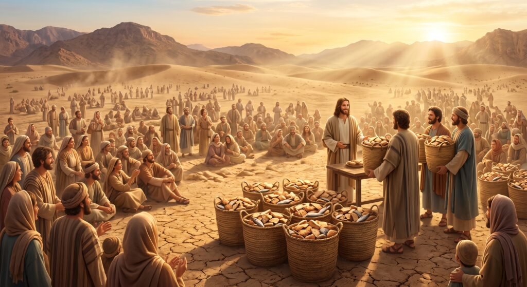 A wide-angle, panoramic photograph of a large crowd of thousands gathered in a vast, sun-drenched desert landscape with sand dunes and dry mountains. On a small wooden table in the middle ground, a bearded figure with a warm smile, wearing light-colored historical robes (representing Jesus), stands next to twelve large, overflowing woven baskets filled with small, dark barley loaves and fish. Two of his disciples stand beside him, holding and managing the baskets. The large multitude of diverse, ancient-style figures are seated and standing all across the dunes, looking toward the center, many with expressions of joy and satisfaction. The earth is dry and cracked. The sky is bright with warm, golden light and a brilliant sunset glow near the horizon.