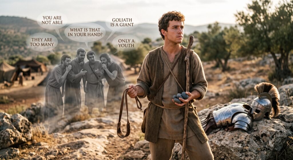 A young shepherd man stands on a rocky hillside holding a leather sling and smooth stones in one hand and a wooden staff in the other, with heavy discarded armor lying nearby. In the background, semi-transparent, ghostly men whisper doubts depicted in floating speech bubbles with phrases like "You are not able" and "What is that in your hand?", while the young man looks forward with determination, ignoring the voices.